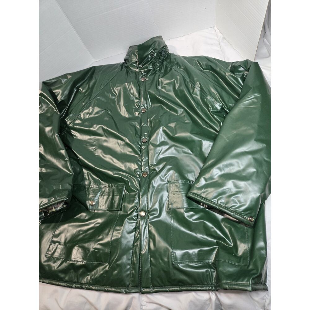 Vtg 80's PVC Rain Jacket Men L Hooded Insulated Plaid Lined Green Outdoor Travel